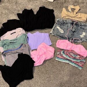 Mixed Women's Tops & Denim Shorts Bundle - Pink, Black, Lavender, Mint